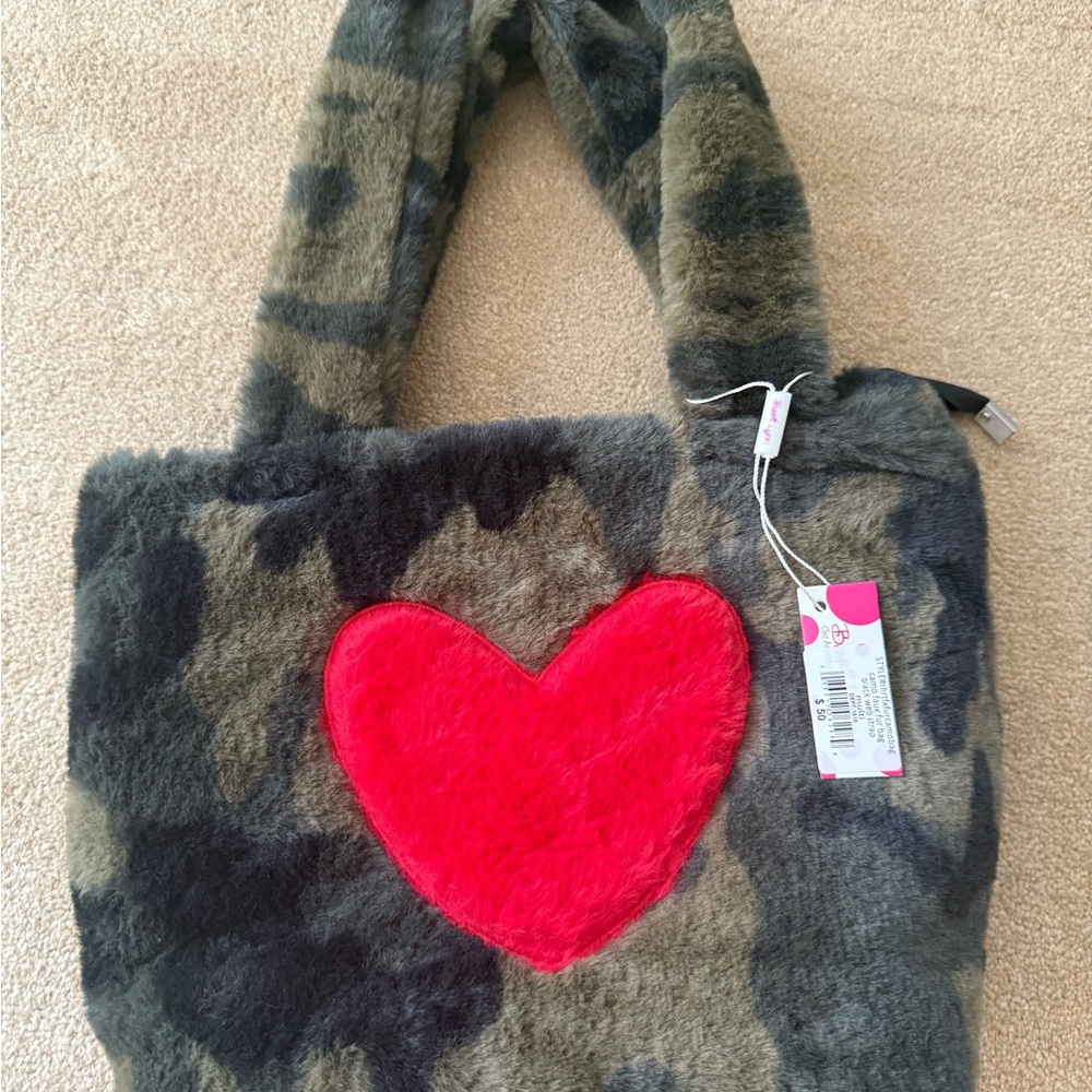 New! Bari Lynn Camouflage Faux Fur Bag with Red Heart